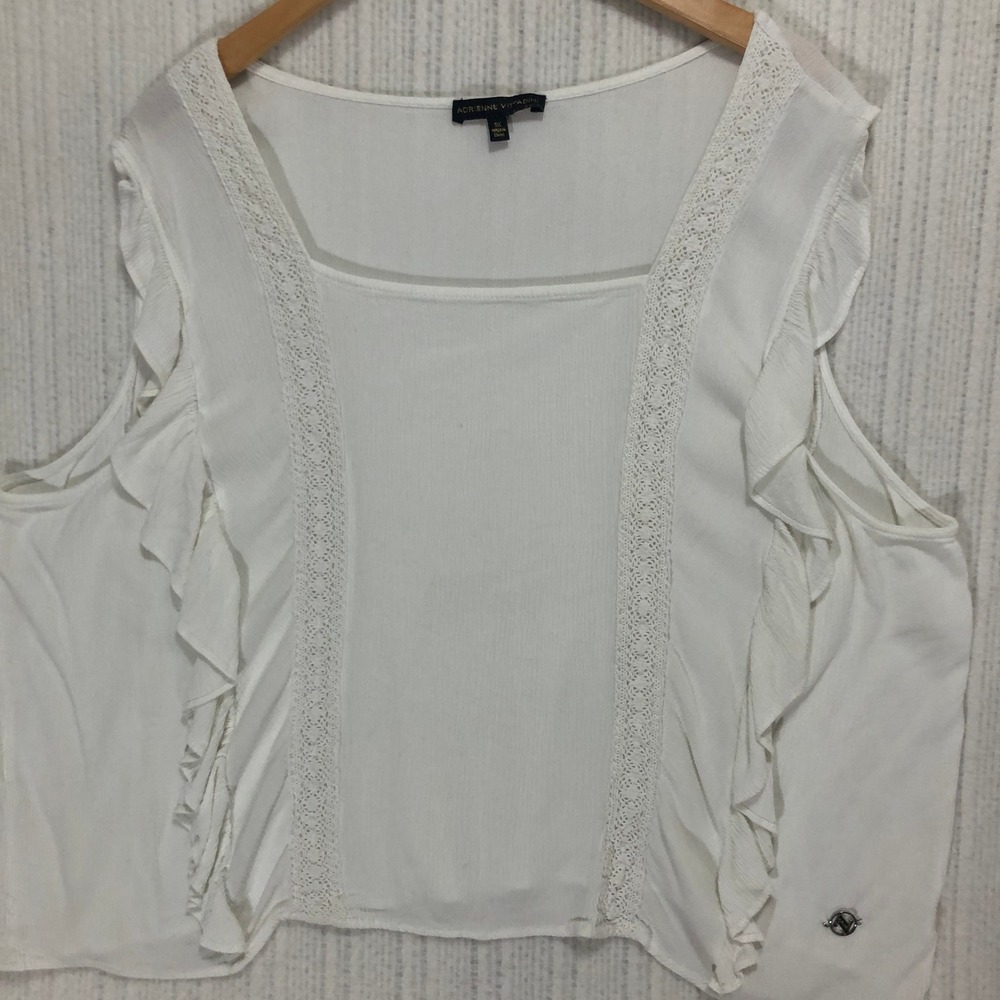 Adrienne Vittadini Ruffle Trim Sleeveless Top Square Neck White 3X‎